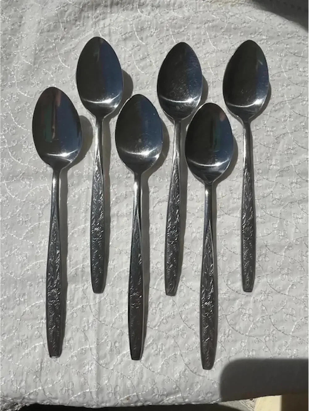 Set of 6 Stanley Roberts Glossy Etched Rose Floral Silver Spoons Made in Japan